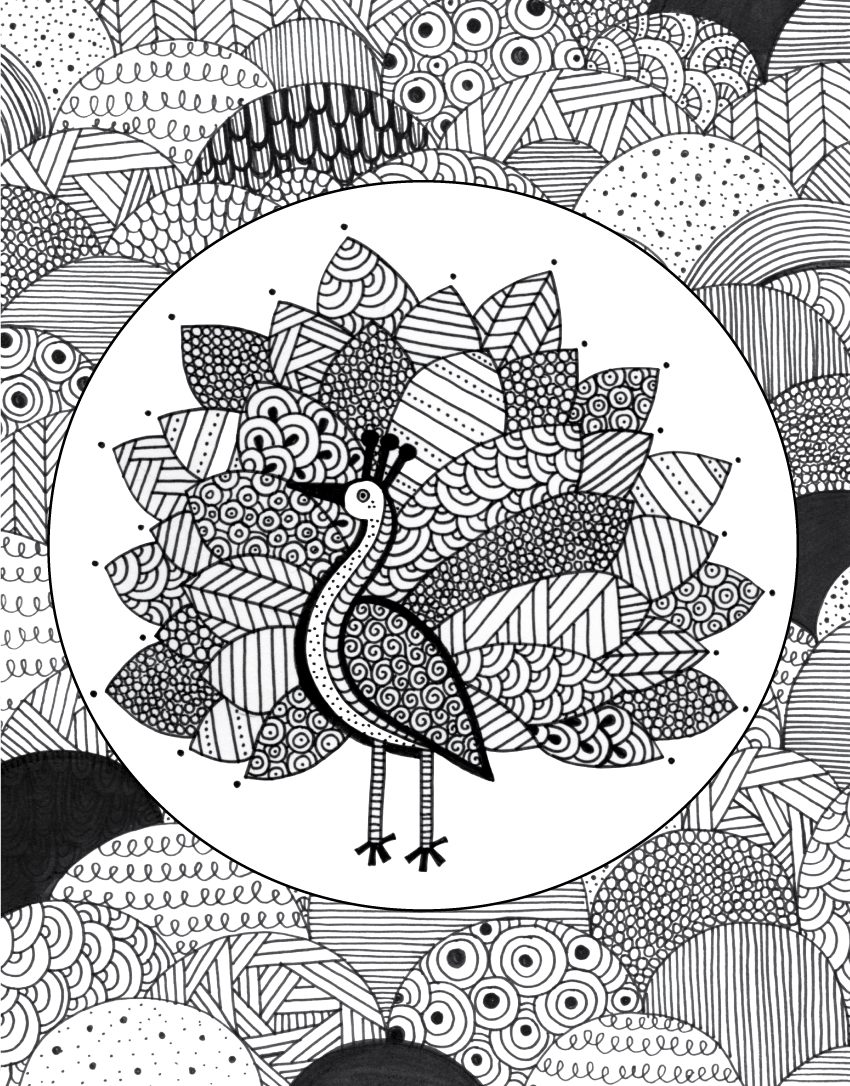 Peacock + doodle coloring page
